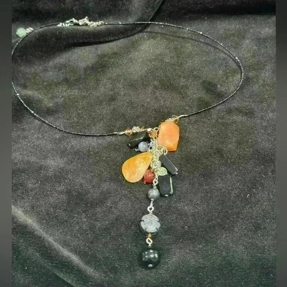 Boho Gemstone Beaded Necklace Carnelian Jade Cluster Drop Pendant - Picture 7 of 7